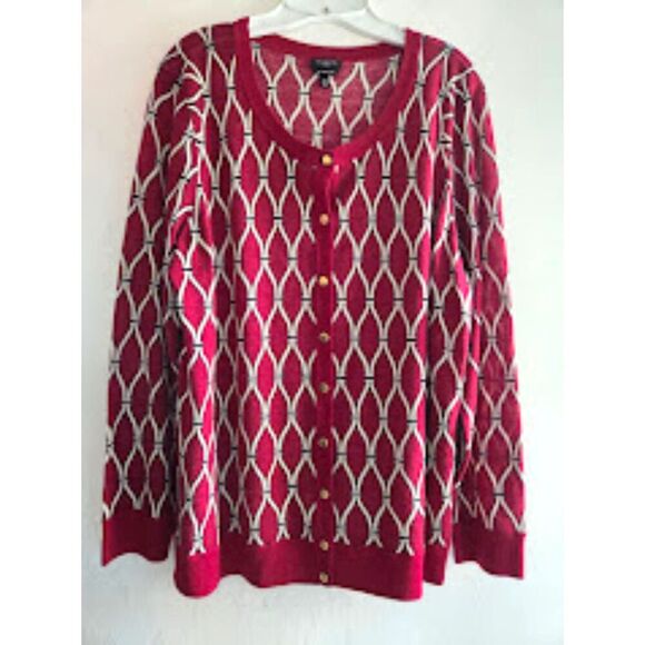 Talbots Sweaters - Talbots Red Cream Argyle Patter 100% Pure Merino Wool Gold Button Cardigan sz 2X